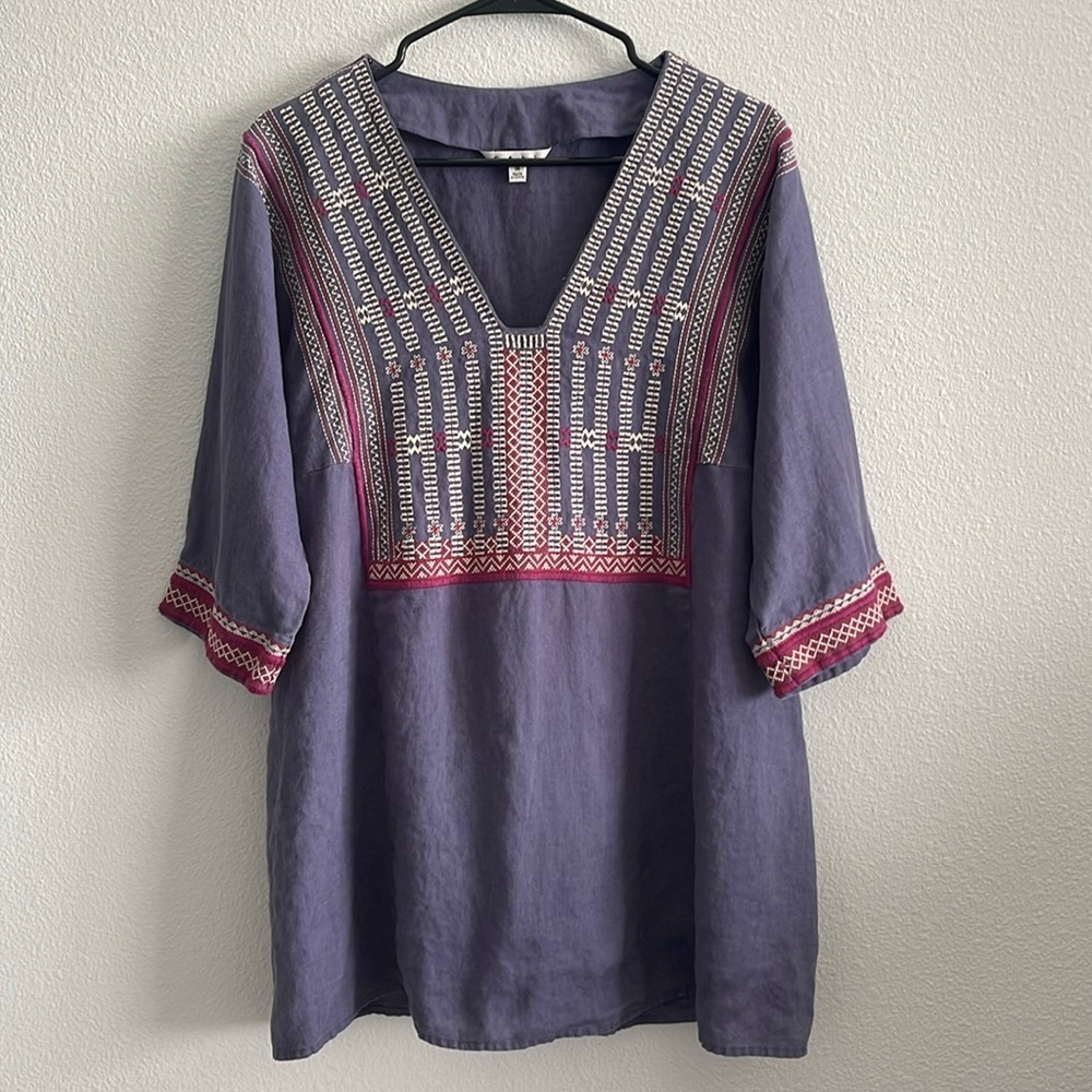 CAbi 100% Linen Embroidered Tunic Blouse Purple Size M